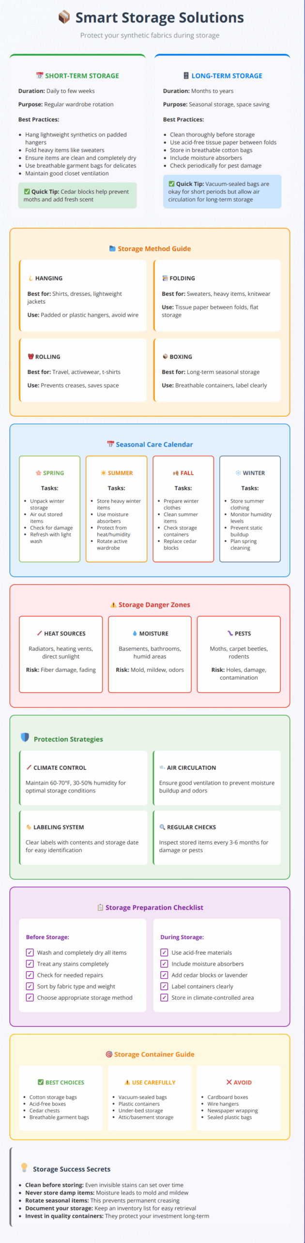 Storage guide showing short-term vs long-term storage methods, seasonal care calendar, and protection strategies