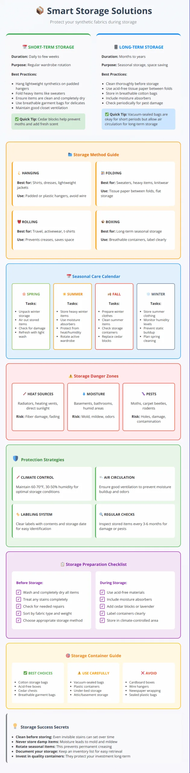 Storage guide showing short-term vs long-term storage methods, seasonal care calendar, and protection strategies