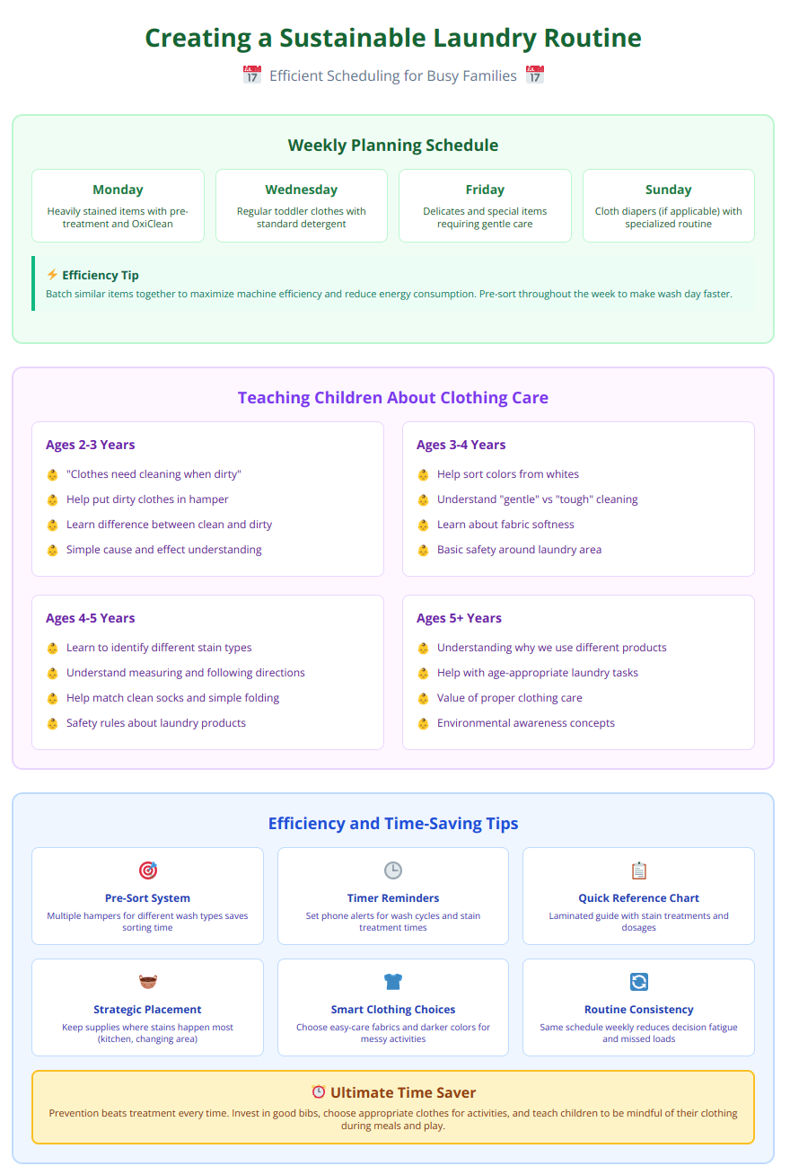 Sustainable laundry routine with weekly planning schedule, efficiency tips, and age-specific lessons for teaching children about clothing care