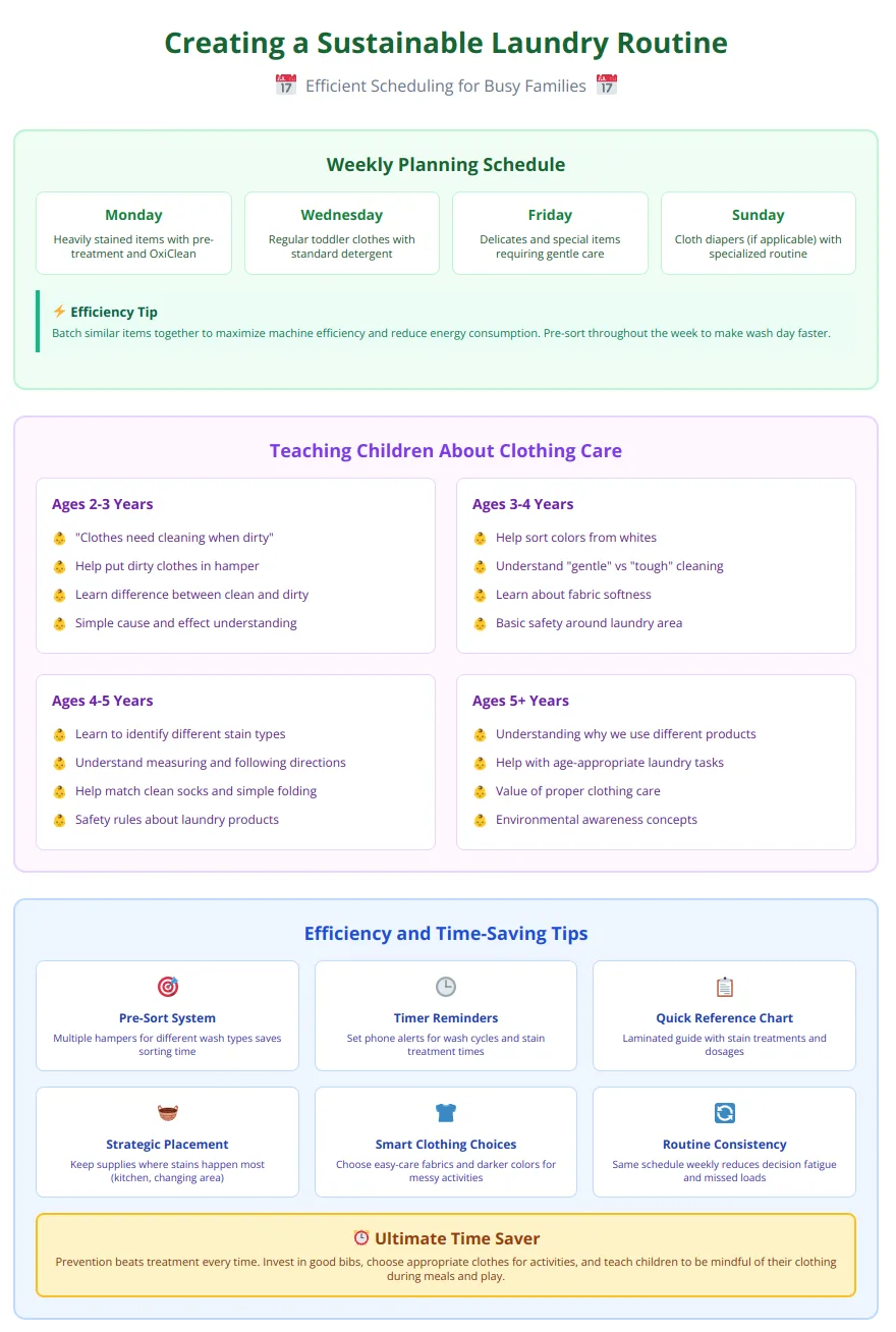 Sustainable laundry routine with weekly planning schedule, efficiency tips, and age-specific lessons for teaching children about clothing care