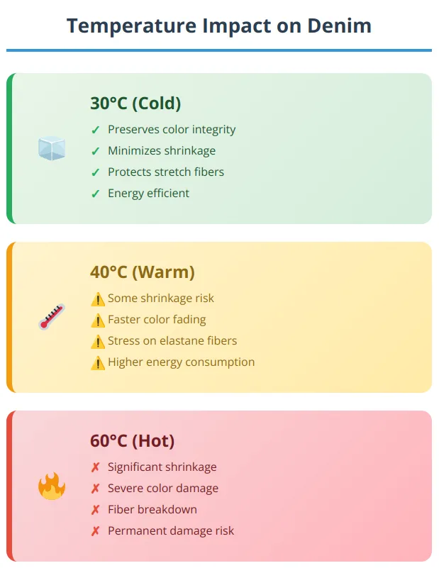 Temperature guide showing the impact of cold, warm, and hot water on denim shrinkage, fading, and fiber integrity