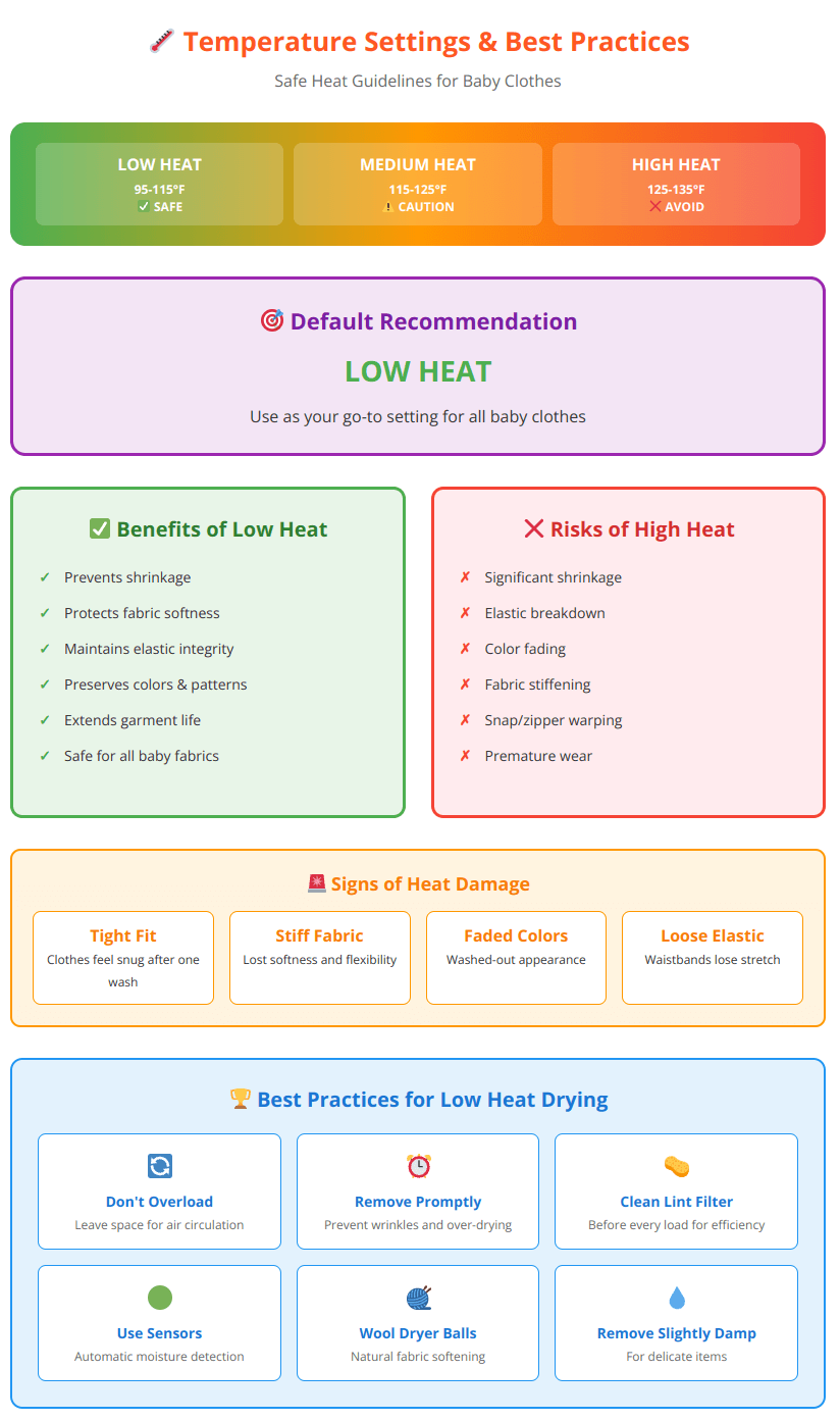 Temperature guide showing low, medium and high heat risks with recommended settings for baby clothes drying