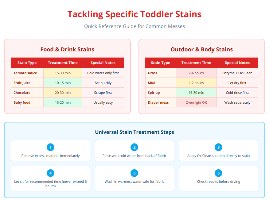 Stain removal chart showing treatment times and methods for food, drink, outdoor, and bodily fluid stains on toddler clothes