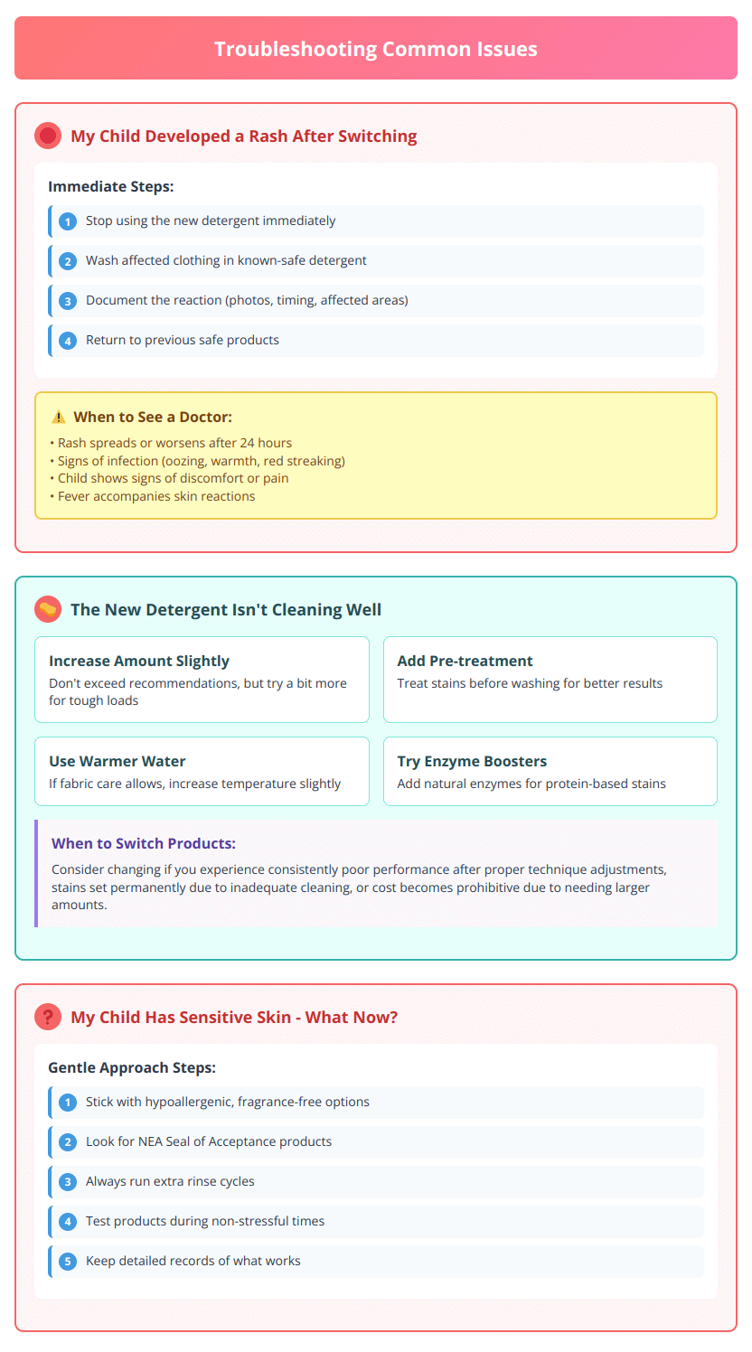 Troubleshooting guide showing solutions for skin reactions and cleaning problems with detergent switches