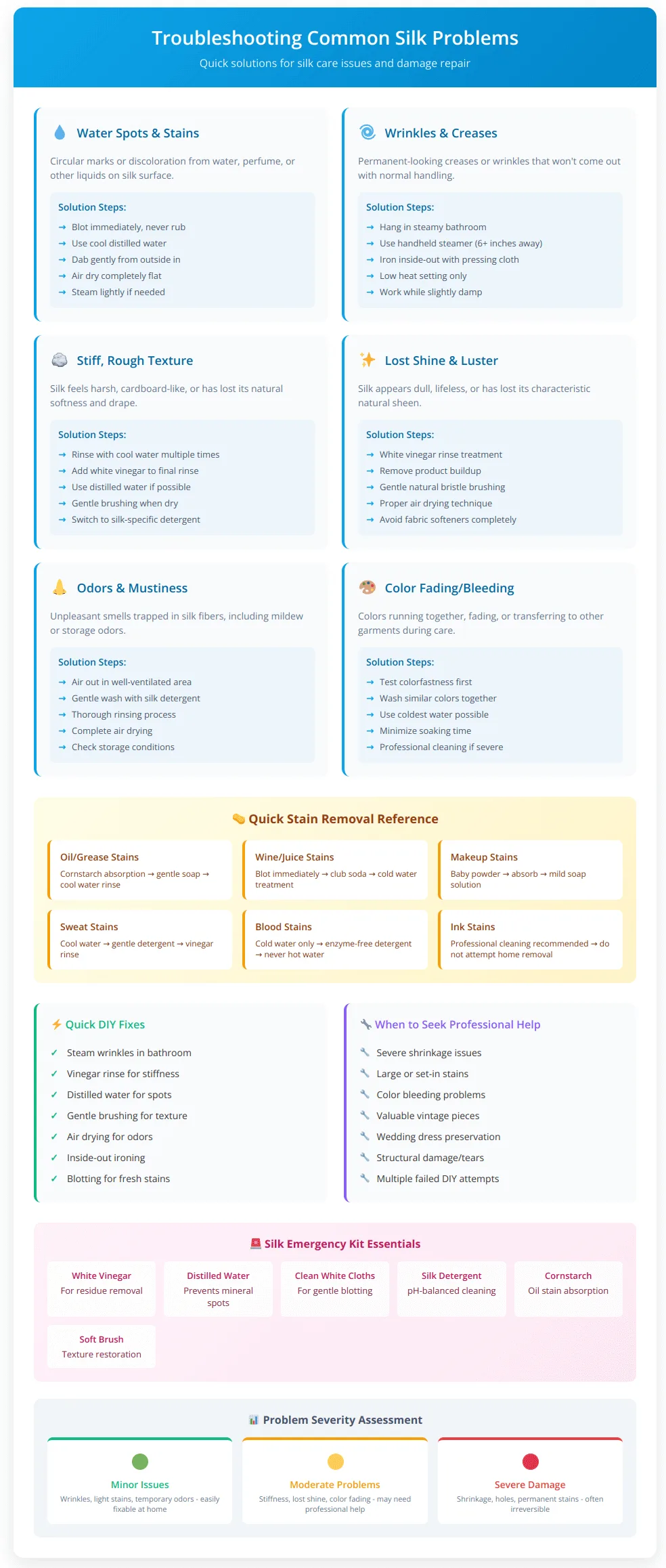 Complete silk troubleshooting guide showing solutions for water spots, wrinkles, stiff texture, lost shine, odors, and color problems with stain removal chart and emergency kit essentials