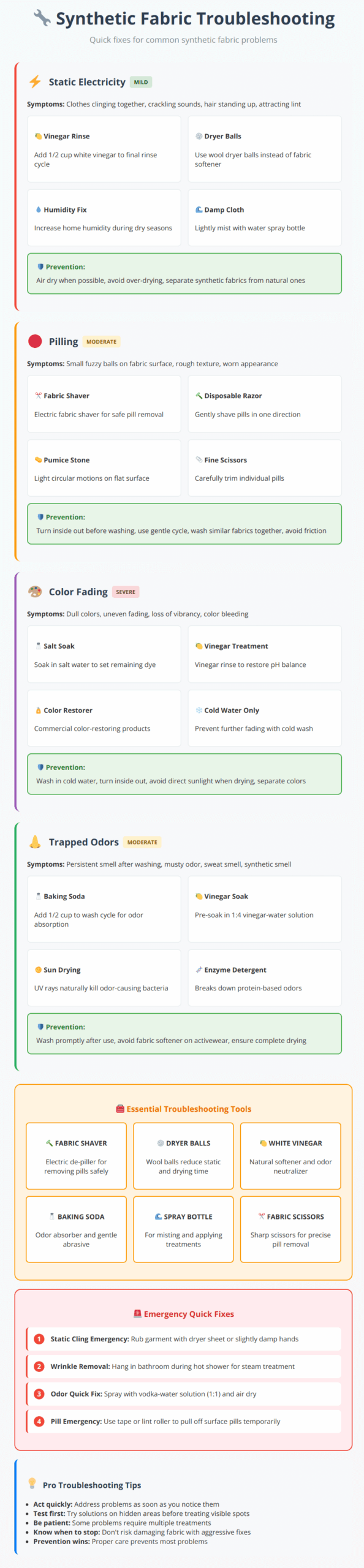 Comprehensive troubleshooting guide showing solutions for static, pilling, fading, and odor problems in synthetic fabrics