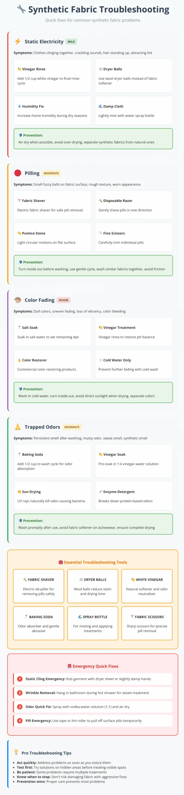 Comprehensive troubleshooting guide showing solutions for static, pilling, fading, and odor problems in synthetic fabrics