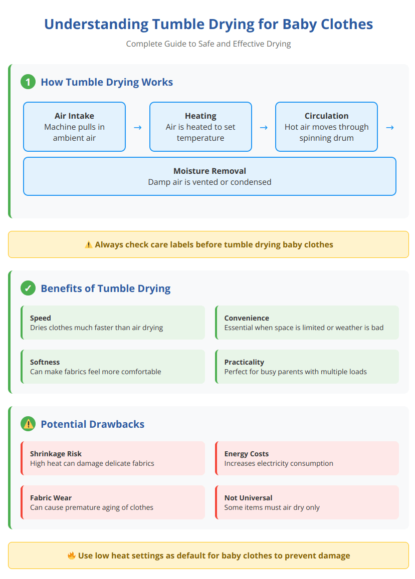 Infographic showing tumble drying process, benefits and drawbacks for baby clothes with safety tips