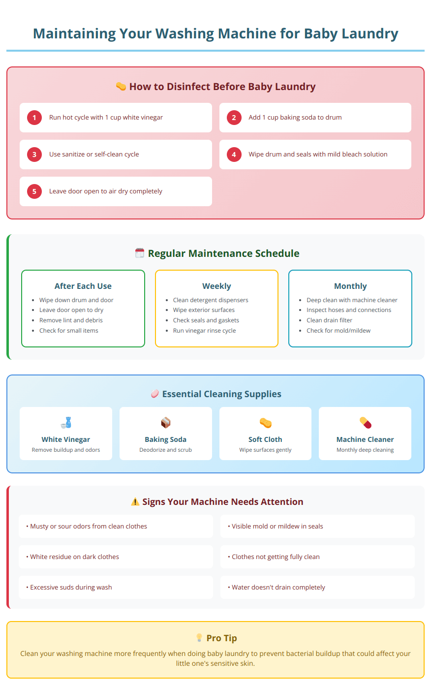 Infographic showing disinfection steps, maintenance schedules, cleaning supplies, and warning signs for maintaining washing machines used for baby clothes