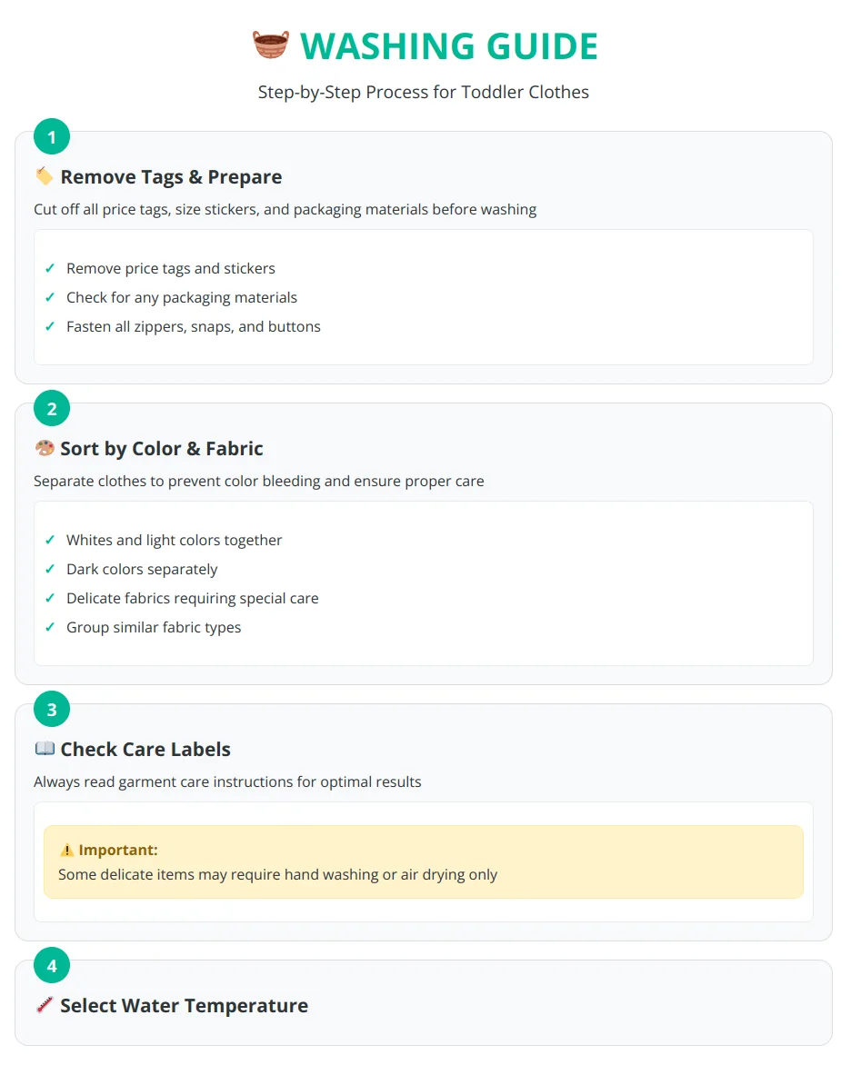 Step-by-step washing guide infographic showing 8 steps from removing tags to proper drying for toddler clothes