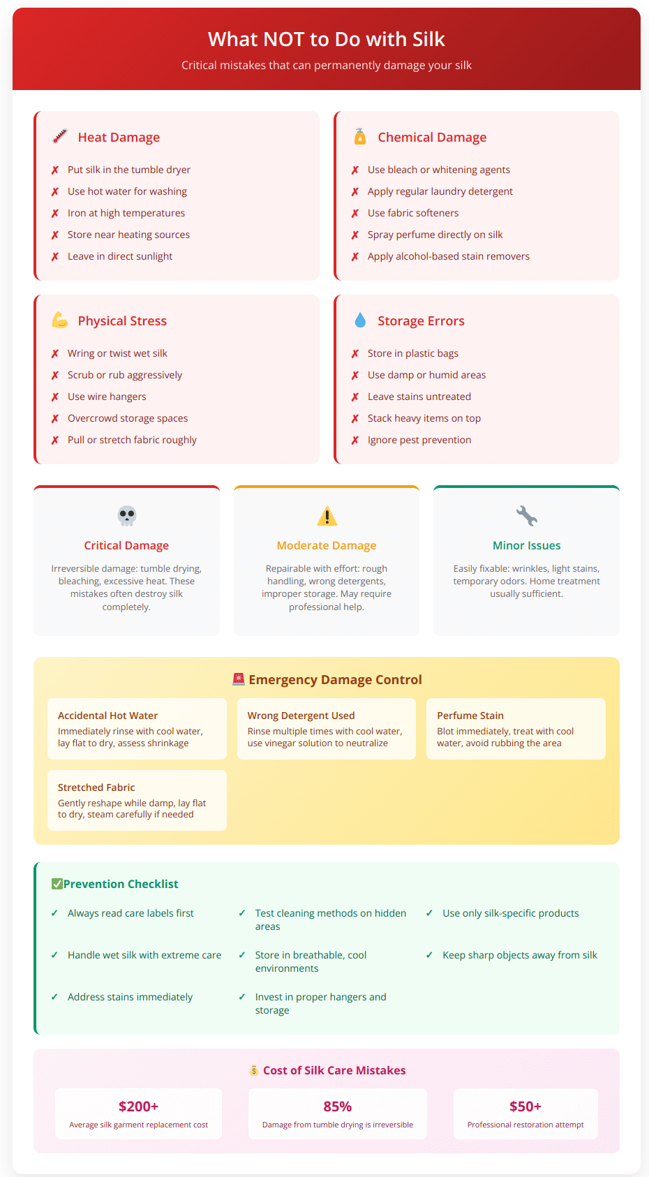 Guide showing critical silk care mistakes including heat damage, chemical damage, physical stress and storage errors, with damage severity levels and emergency fixes