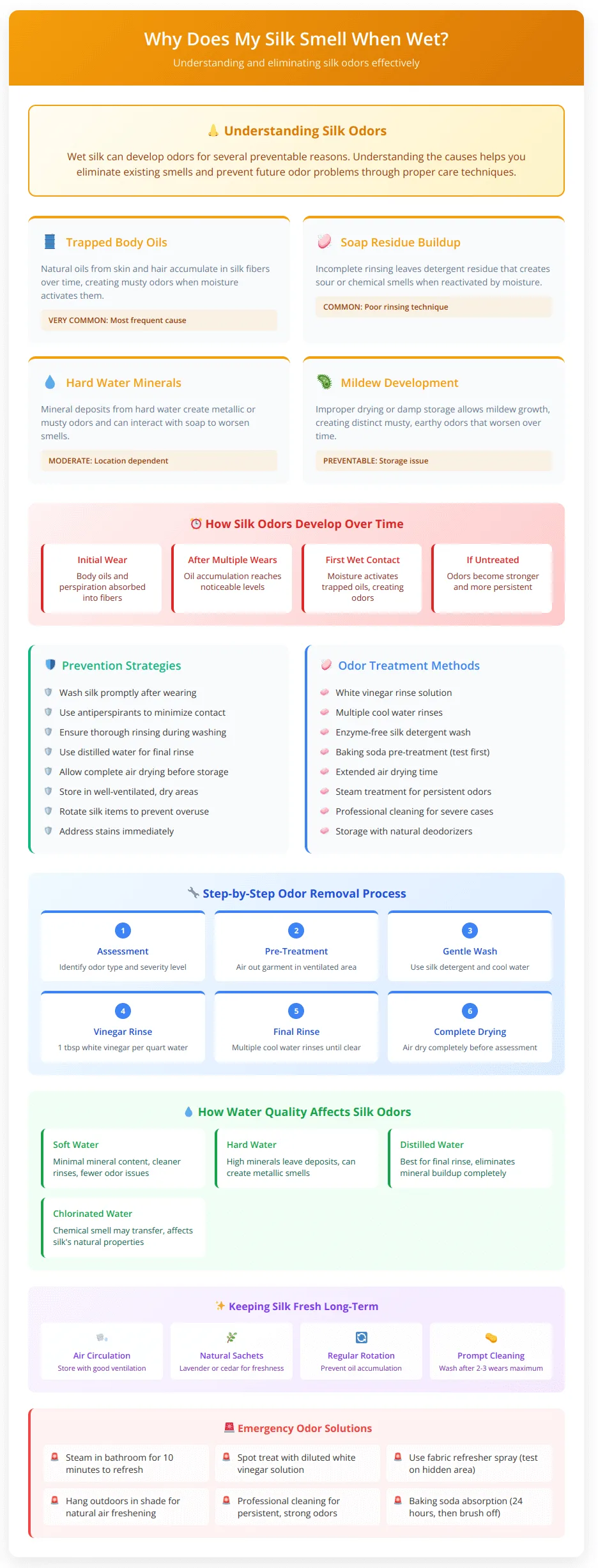 Comprehensive silk odor guide showing common causes like trapped oils and soap residue, odor development timeline, prevention and treatment strategies, water quality effects, and emergency solutions