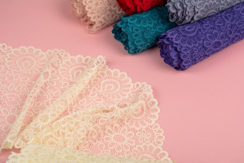Step-by-step chemical lace production process showing embroidery machines and dissolution techniques