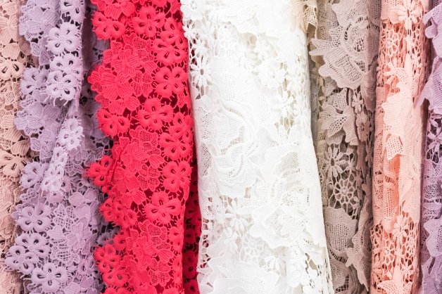 Various chemical lace applications including bridal wear, lingerie, home decor, and technical textiles