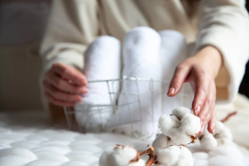 Step-by-step visual guide showing proper washing, drying, and storage methods for Egyptian cotton bedding