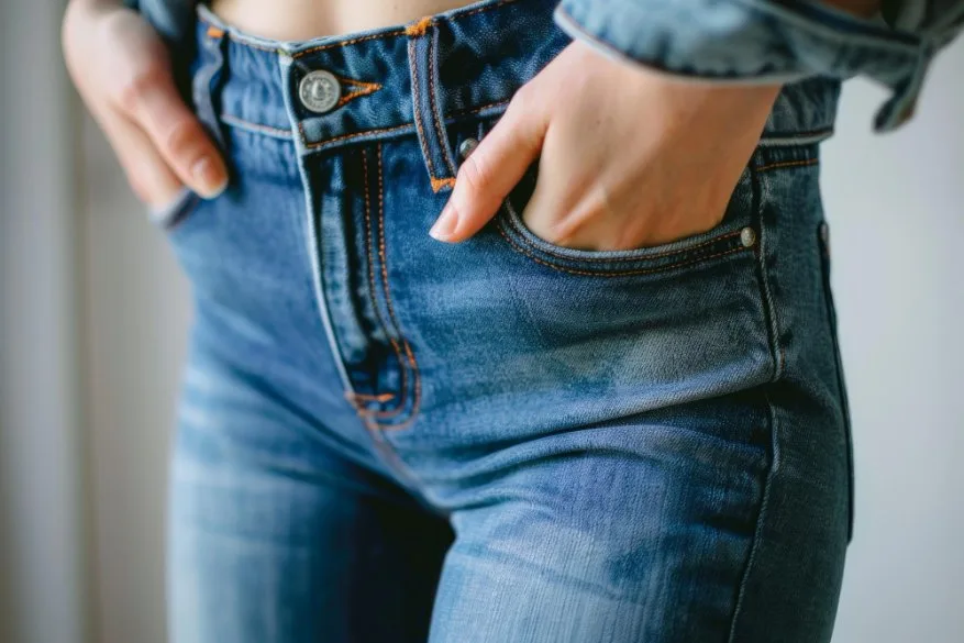 Collection of different jean styles showing various fits, washes, and construction details including rivets and stitching