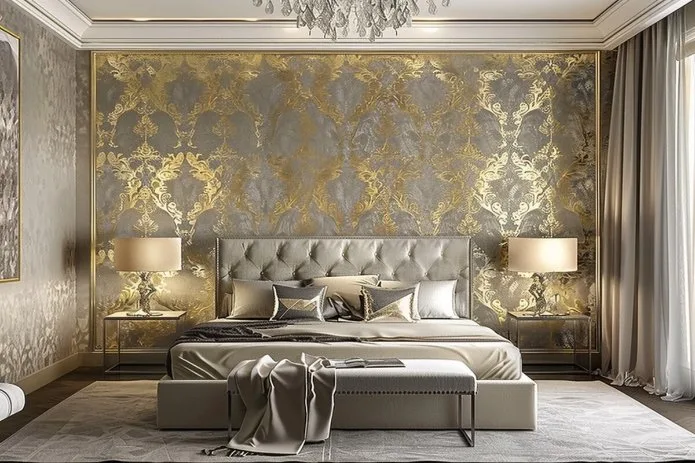 Bedroom styled with damask headboard upholstery and decorative pillows for elegant ambiance