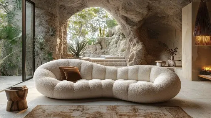 Modern living room featuring boucle upholstered sofa and accent chairs