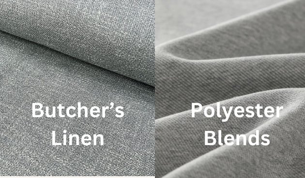 Comparison showing differences between butcher's linen and polyester blend fabrics