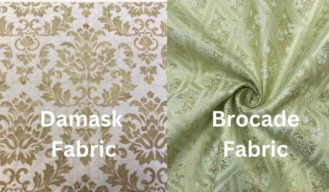 Side-by-side comparison of damask and brocade fabric showing weave structure differences