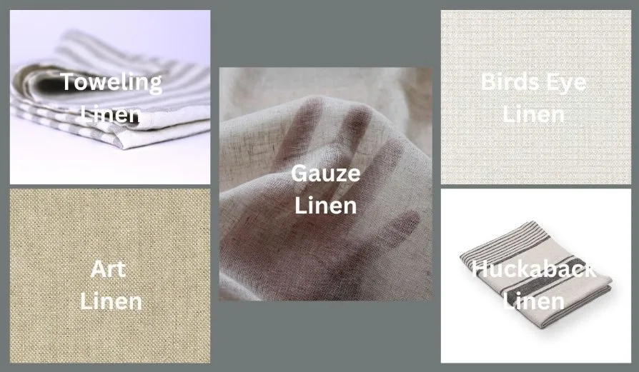 Different types of loose weave linen fabrics including toweling and gauze