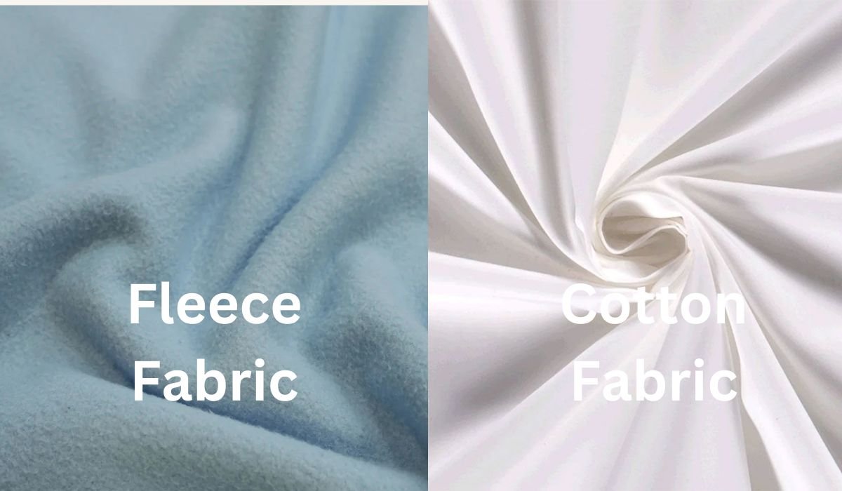Side by side comparison of fleece and cotton fabric showing texture, warmth, and moisture management differences