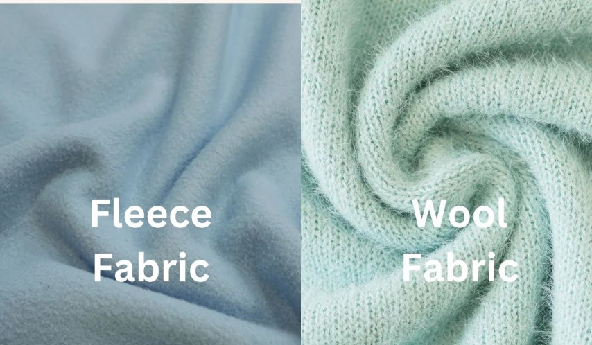 Comparison chart showing fleece versus wool fabric properties including weight, drying time, care requirements, and warmth
