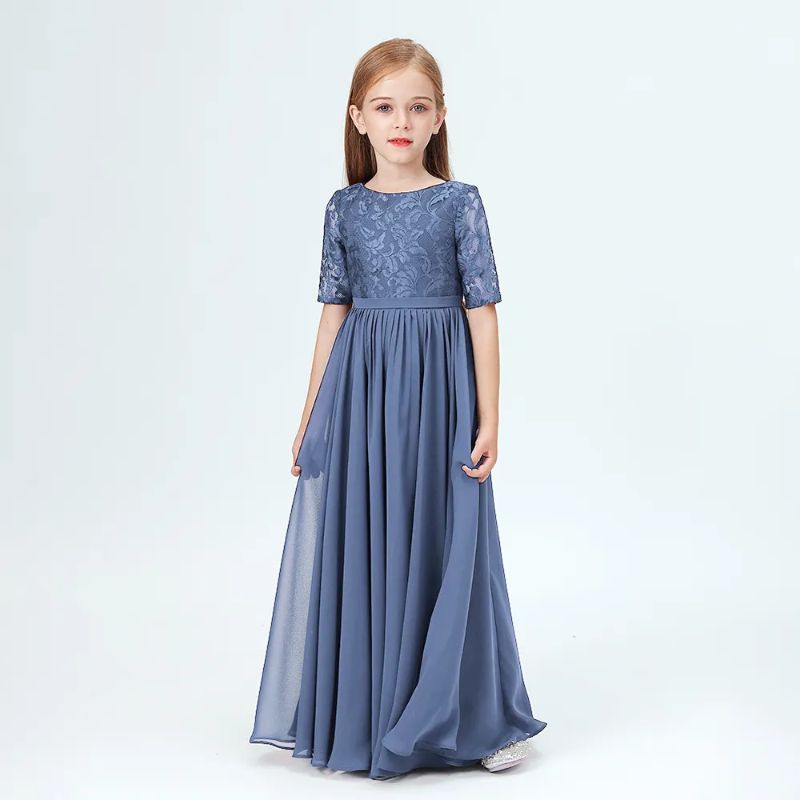 Elegant slate blue junior bridesmaid dress with sleeves made from chiffon fabric