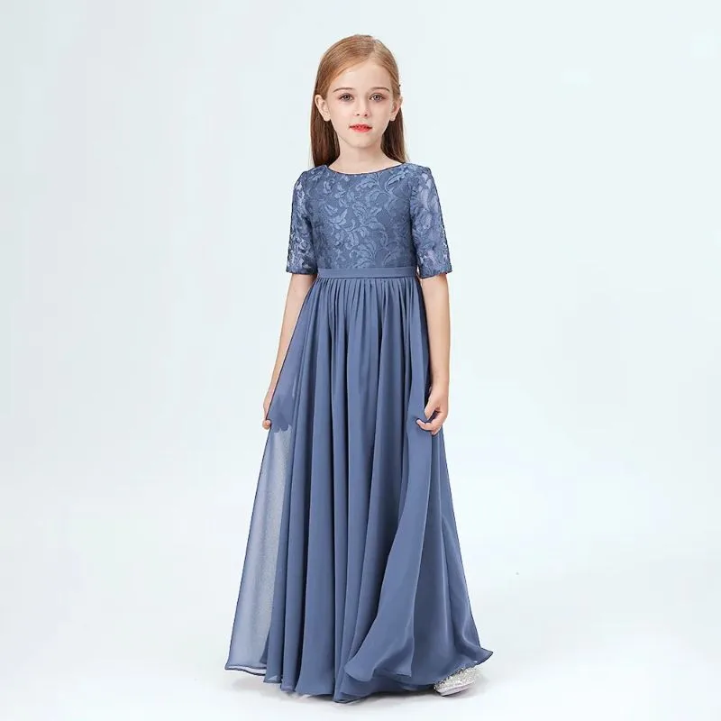 Elegant slate blue junior bridesmaid dress with sleeves made from chiffon fabric