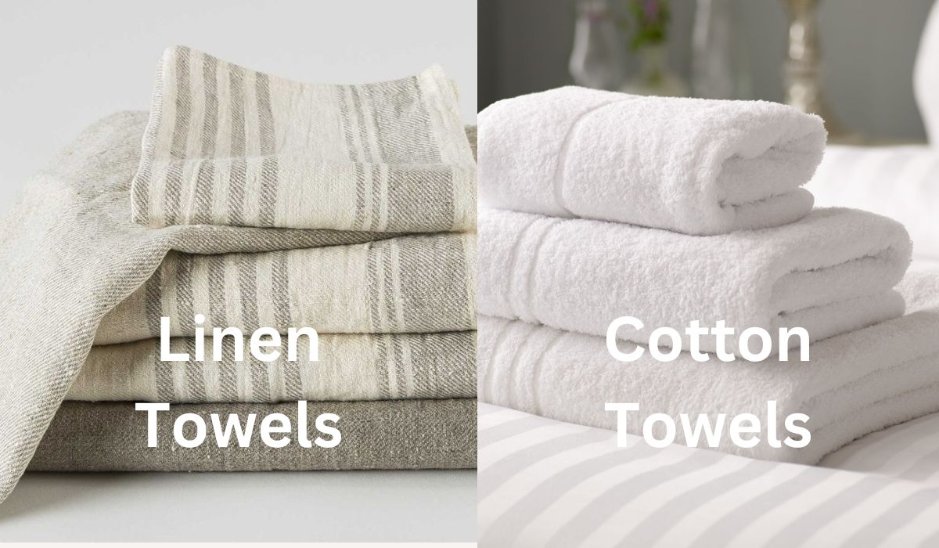 Visual comparison between linen and cotton towels showing texture, absorbency, and durability differences