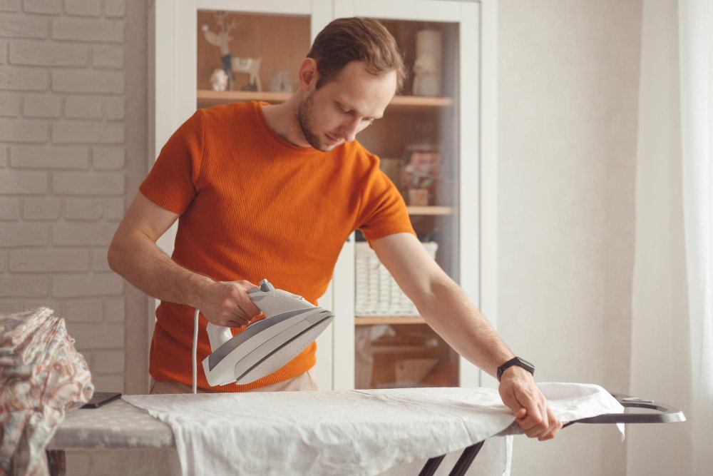 Proper linen fabric care showing washing, drying and ironing techniques