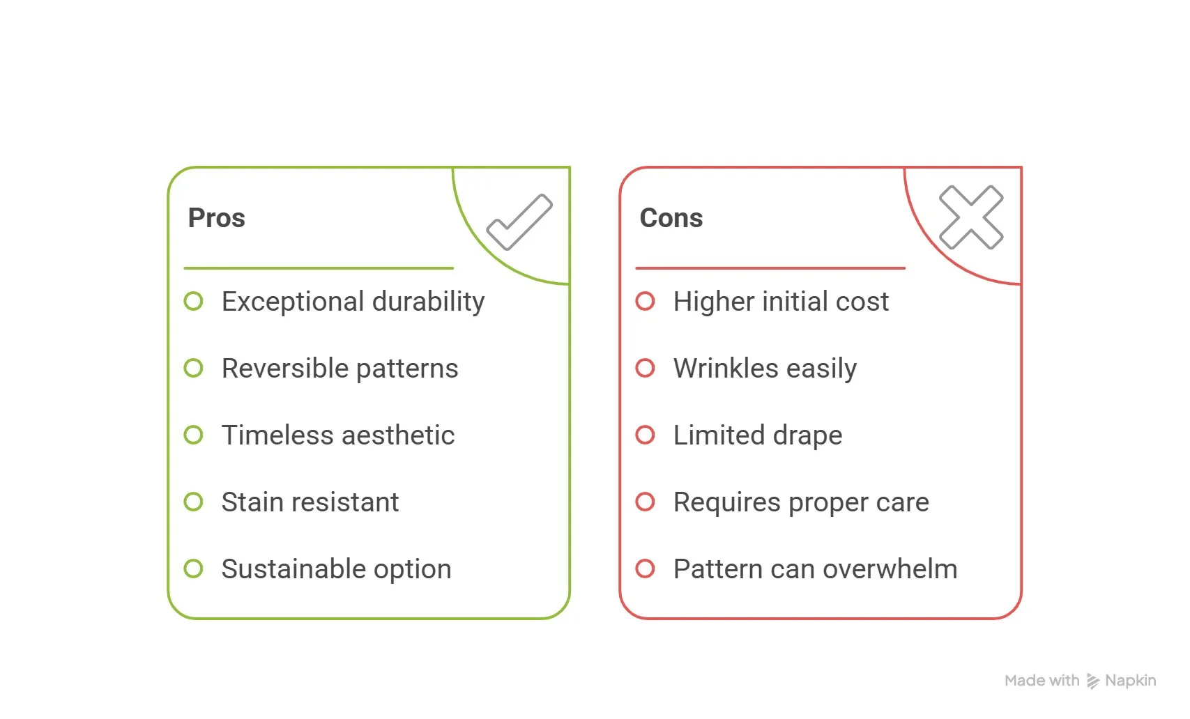 Visual infographic showing advantages and disadvantages of choosing damask fabric