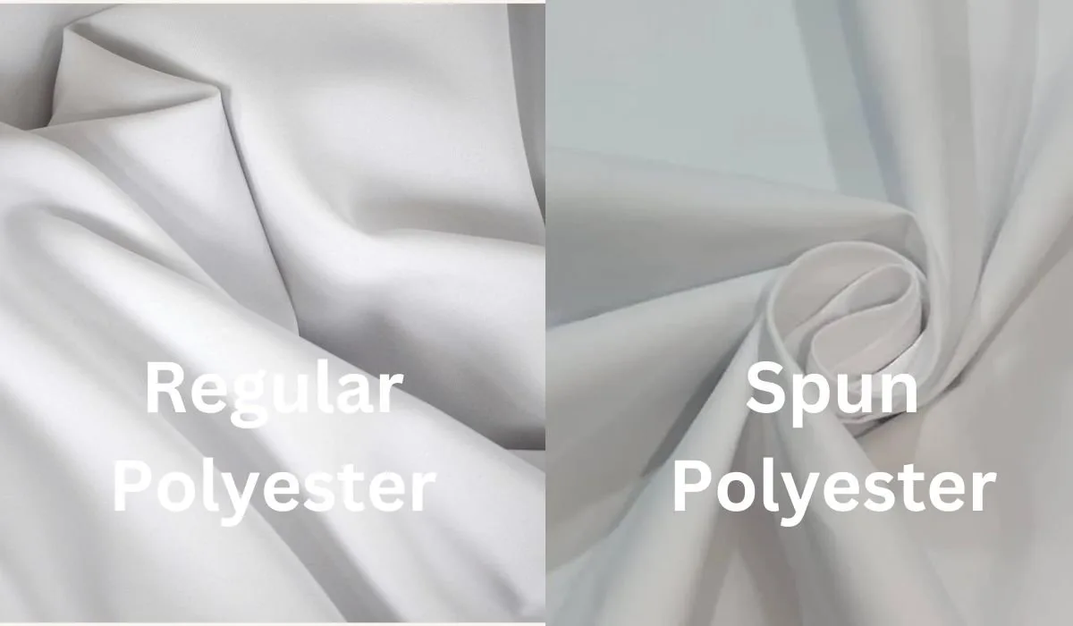 Visual comparison of spun polyester and regular filament polyester showing fiber structure and texture differences