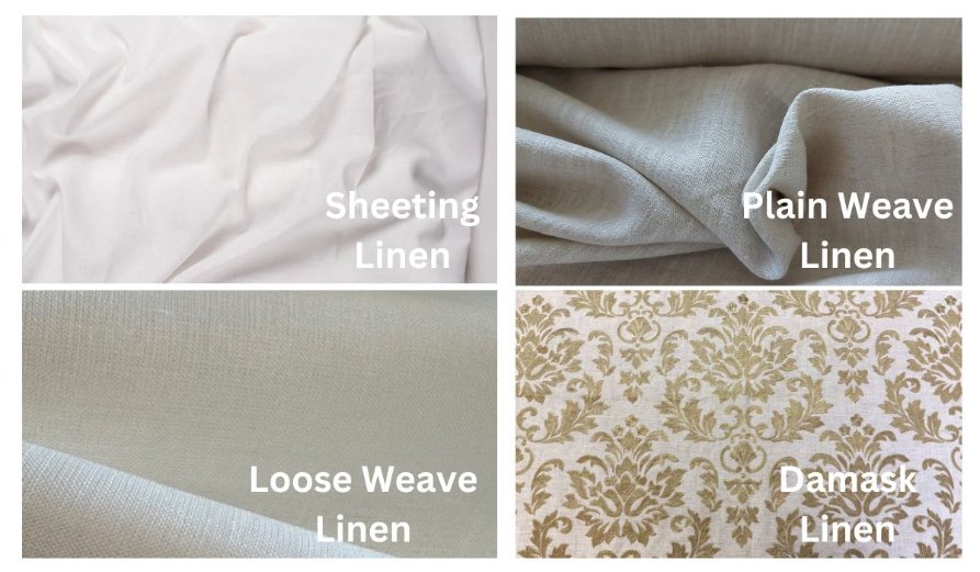 Visual comparison of four types of linen fabric: plain weave, damask, loose weave, and sheeting linen showing their distinct textures and weave patterns