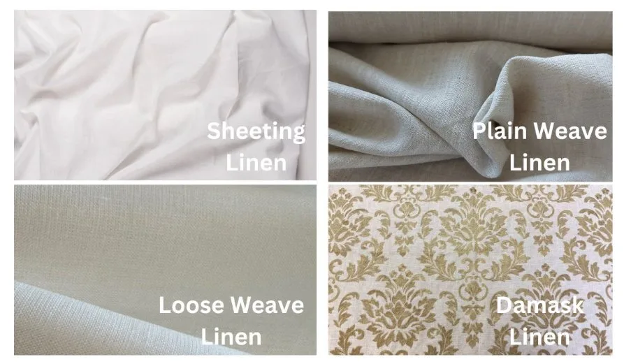 Visual comparison of four types of linen fabric: plain weave, damask, loose weave, and sheeting linen showing their distinct textures and weave patterns
