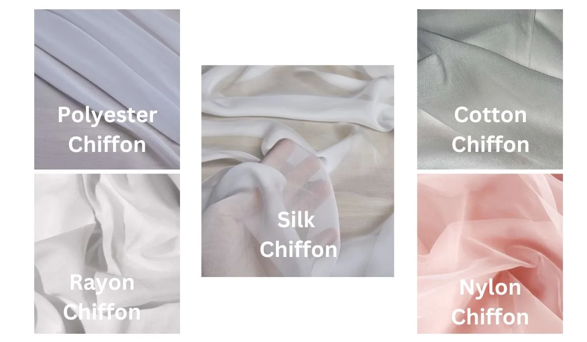 Different types of chiffon fabric showing silk, polyester, and specialty variations