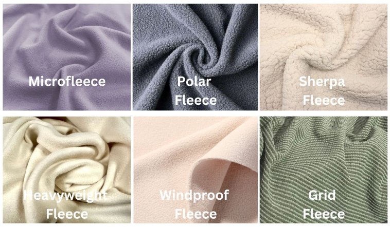 Different types of fleece fabric showing microfleece, polar fleece, heavyweight, sherpa, and grid fleece textures