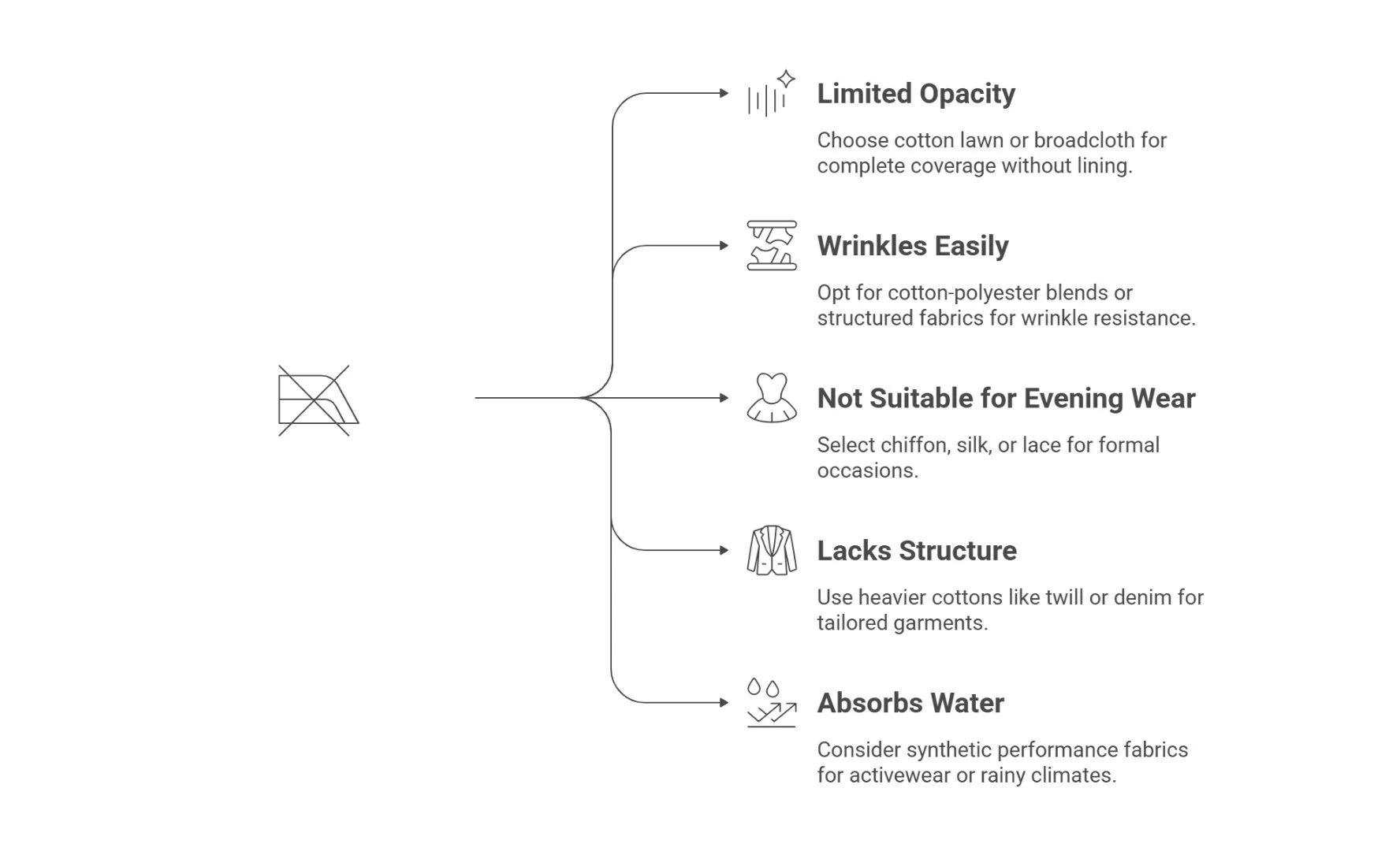 Examples of garments where cotton voile is not suitable, including structured blazers and formal evening wear