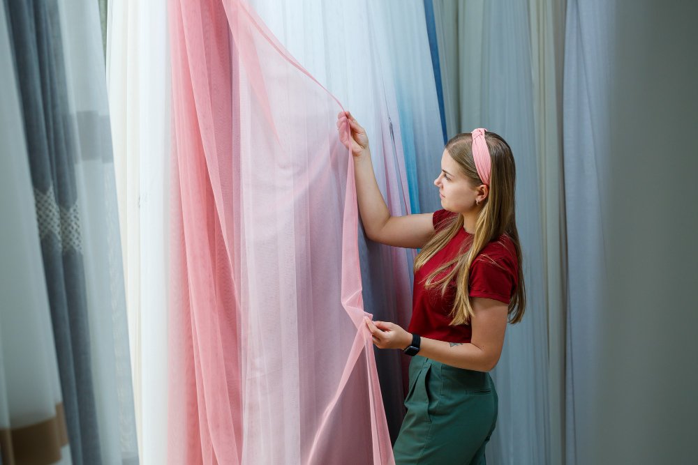 High-quality cotton voile fabric samples showing different colors and prints