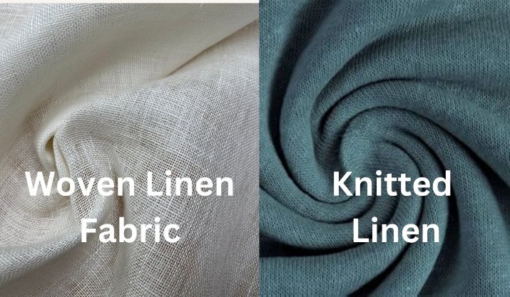 Side-by-side comparison showing the structural differences between woven linen and knitted linen fabrics