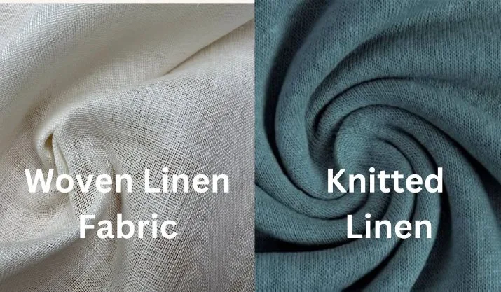 Side-by-side comparison showing the structural differences between woven linen and knitted linen fabrics