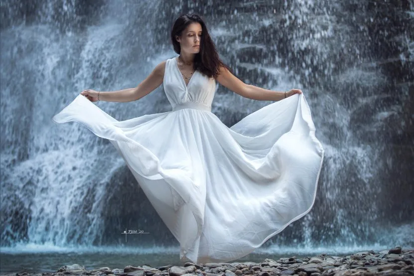 Various chiffon fashion applications including evening wear, blouses, and summer dresses