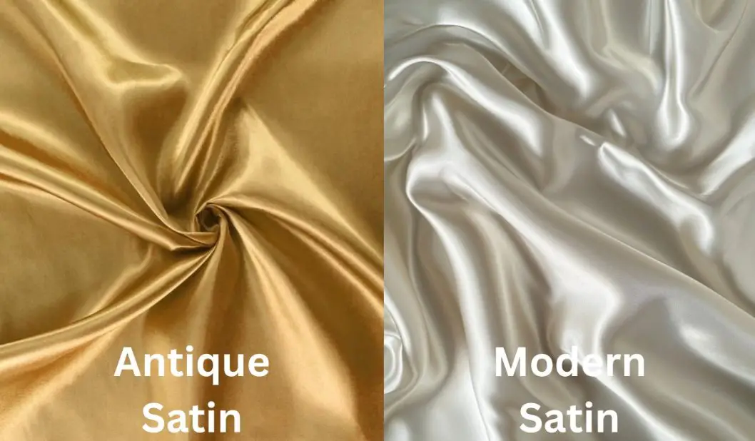 Side by side comparison of antique satin and modern satin showing differences in texture, shine, and drape