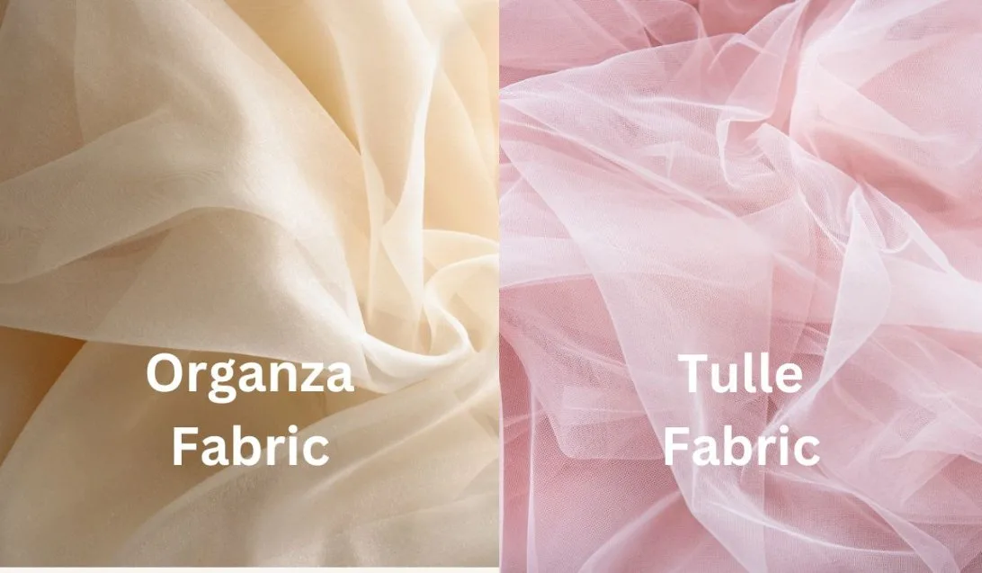 Side by side comparison of beige organza fabric and pink tulle fabric showing texture differences