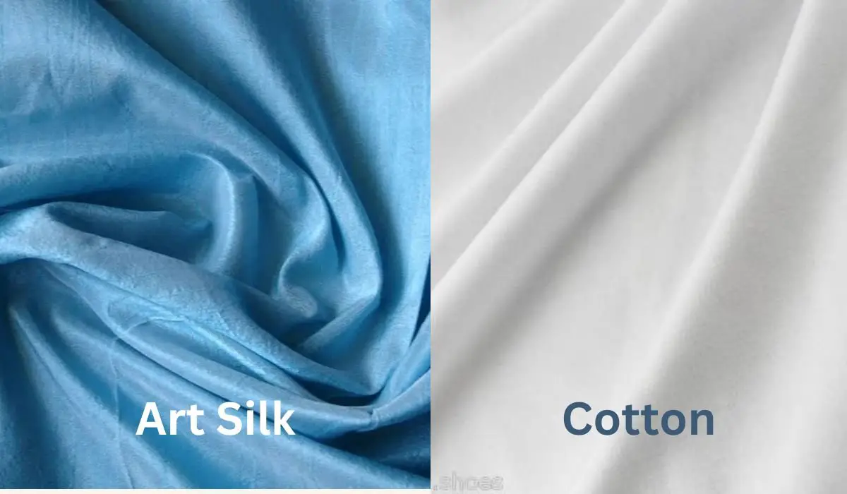 Side by side comparison of blue art silk fabric and white cotton fabric