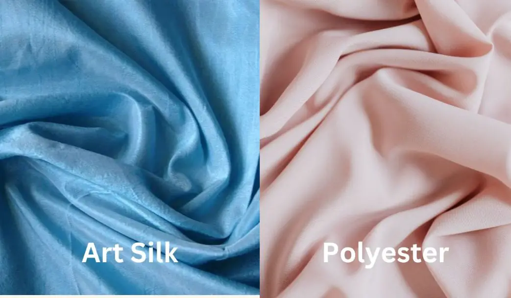Blue art silk fabric compared with blush pink polyester fabric displayed side by side