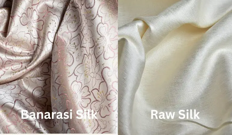 Side by side comparison showing patterned Banarasi silk and plain textured raw silk