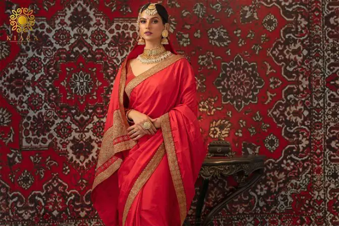 Woman wearing a red Banarasi silk saree with gold zari border posing in front of an ornate red backdrop