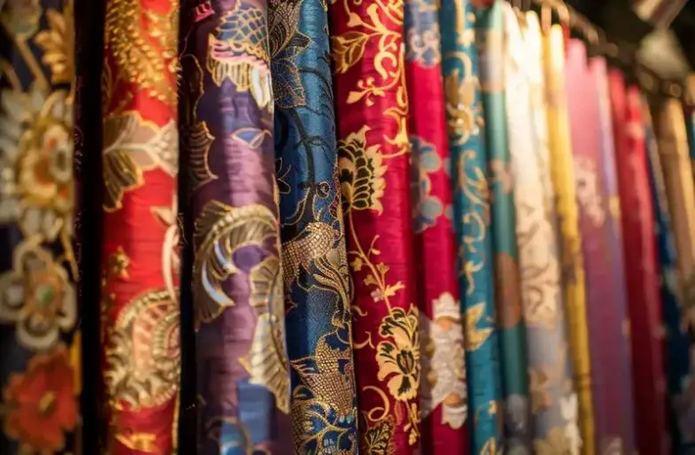 Rows of colorful brocade fabric rolls with gold floral designs displayed in a fabric shop