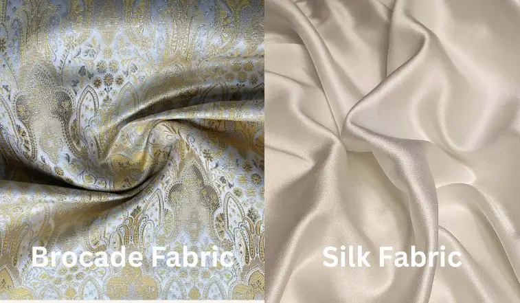 Side by side comparison of richly patterned brocade fabric and smooth plain silk fabric